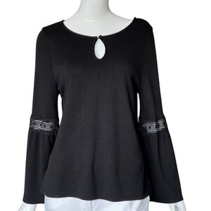 Chico's Black Ponte Knit Keyhole Neckline Top W/Lace Detail Sleeves Sz M (Sz 1)